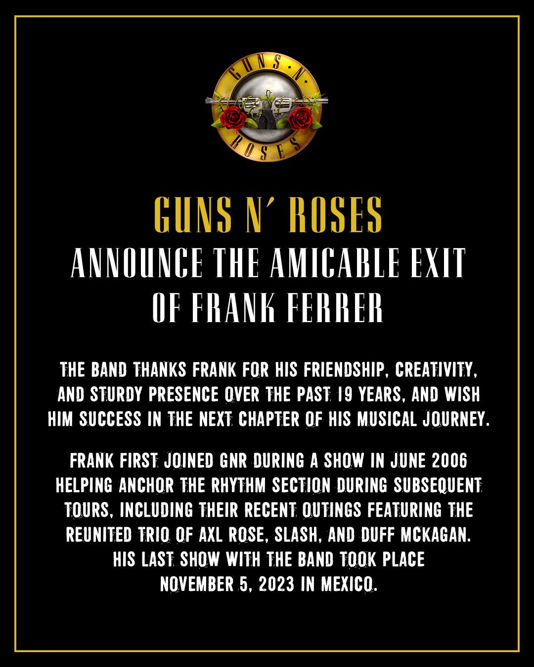 Guns n' roses frank ferrer quitte le groupe mars 2025